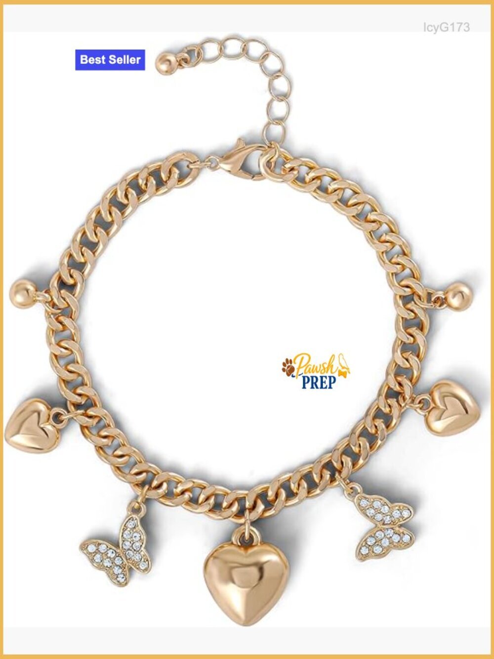 Adjustable Chunky Charm Bracelet with 7 Charms, Gold Tone, One Size